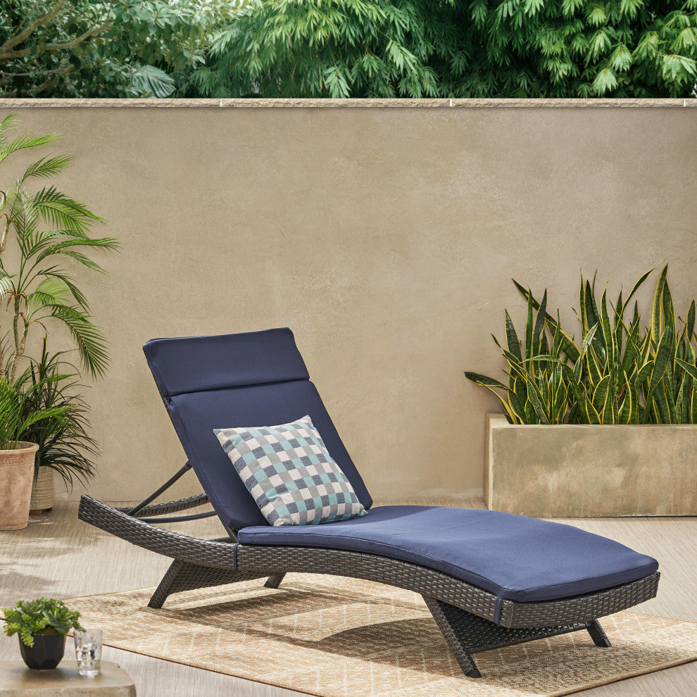 GDF Studio Nassau Outdoor Gray Wicker Chaise Lounge, Navy Blue Cushion