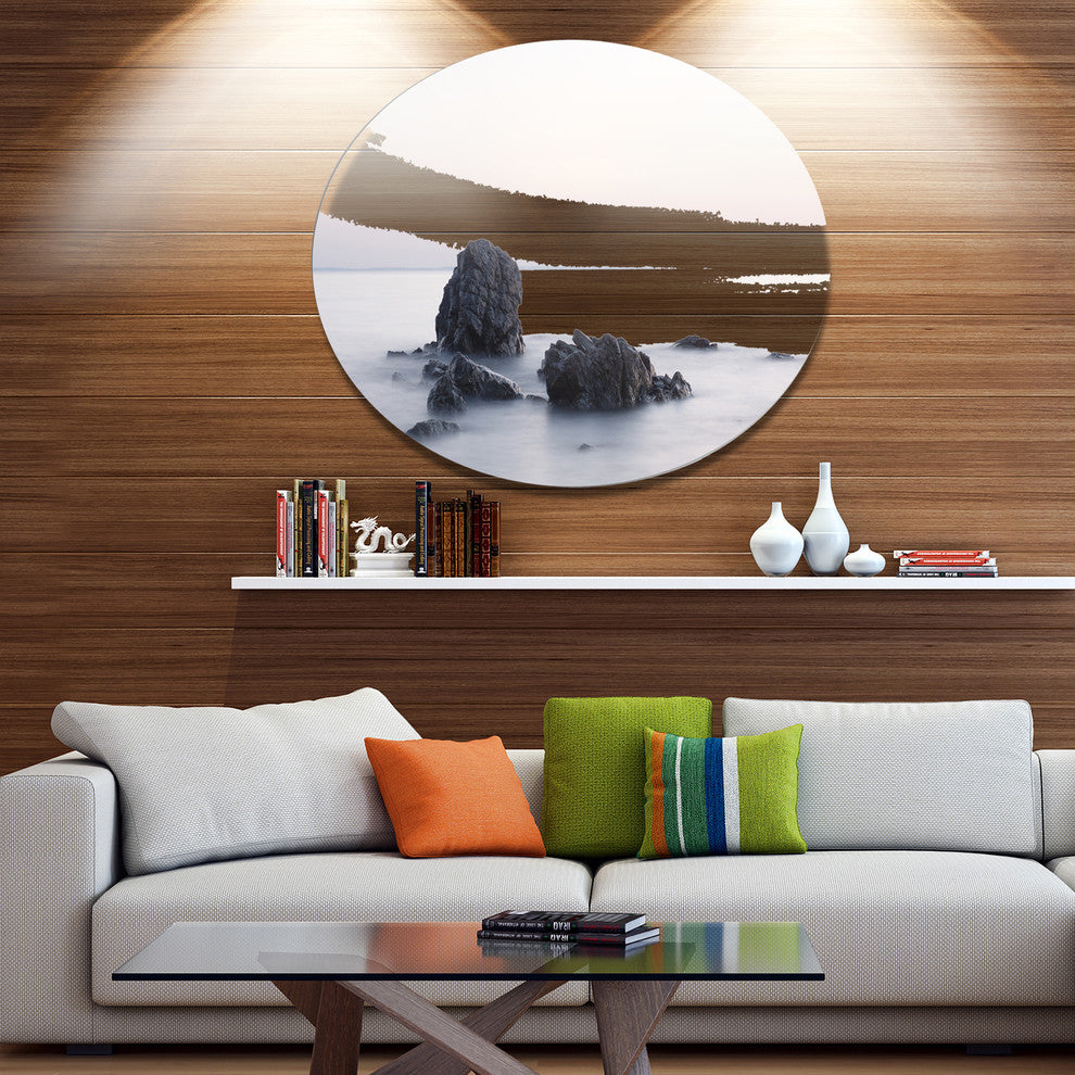 Rocks In The Sea Black And White, Seashore Art Round Metal Artwork, 23"