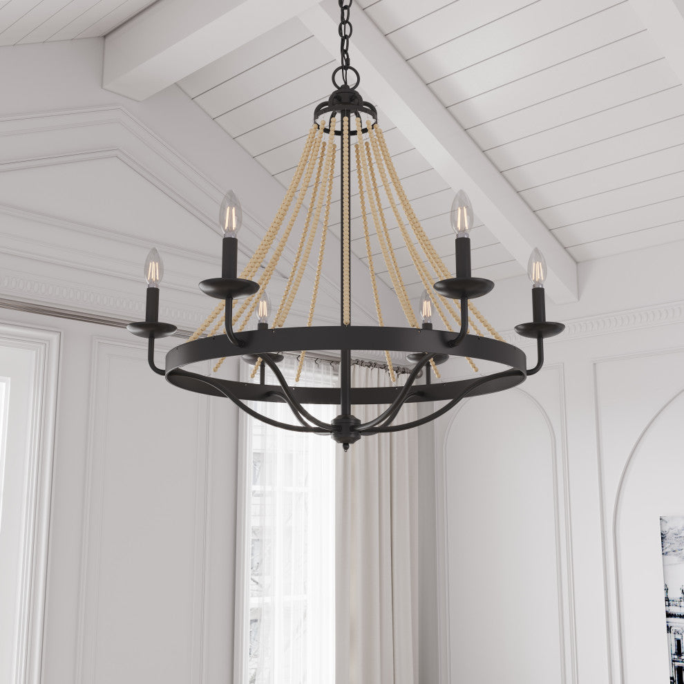 Matte Black Farmhouse Candle Chandelier With Wood Beads Design