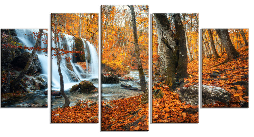 "Autumn Mountain Waterfall Close View" Landscape Photo Art, 5 Panels, 60"x32"