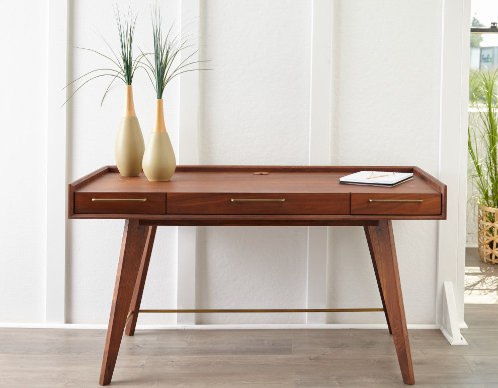 Mid-Century Modern Wood Desk with 3-Drawers, Walnut
