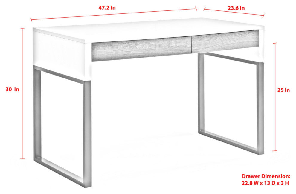 Loft Lyfe Anisa Desk, 2 Storage Drawers, White/Silver