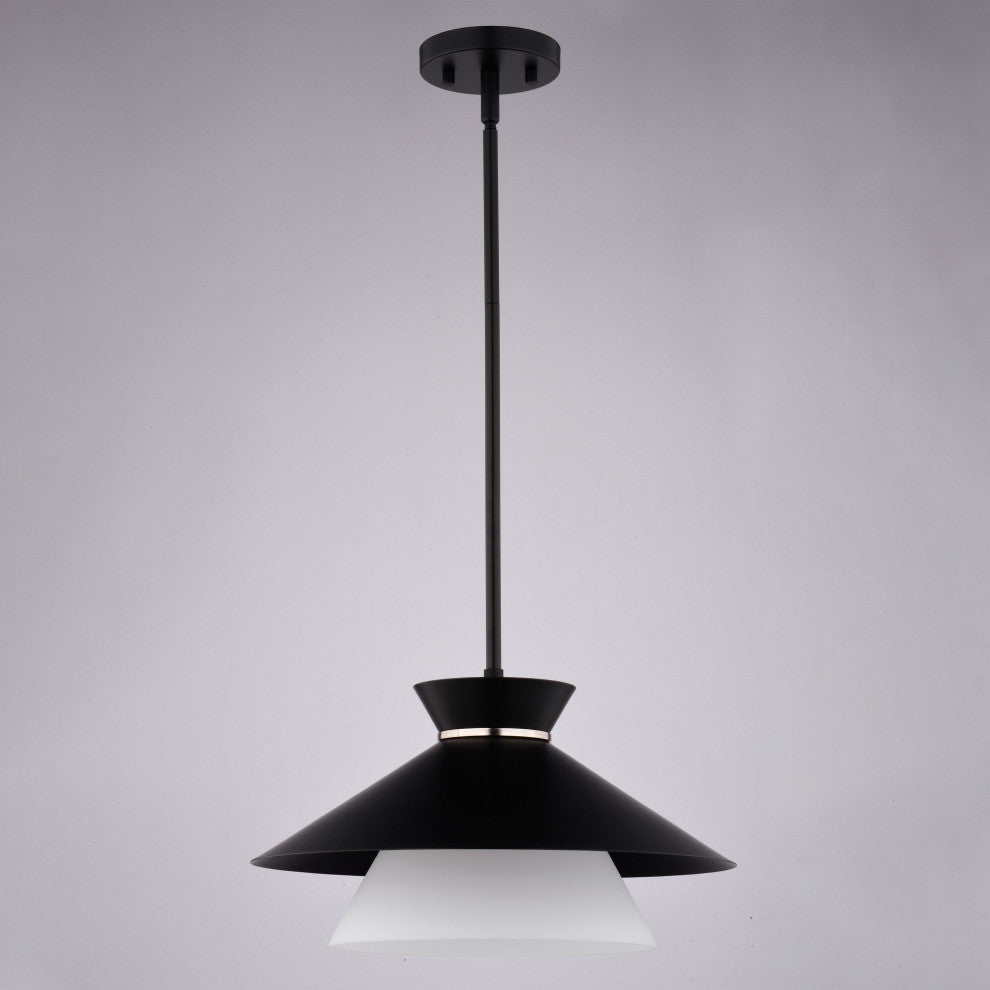 Loomis 1-Light Matte Black Mid-Century Modern Pendant, White Frosted Glass Shade