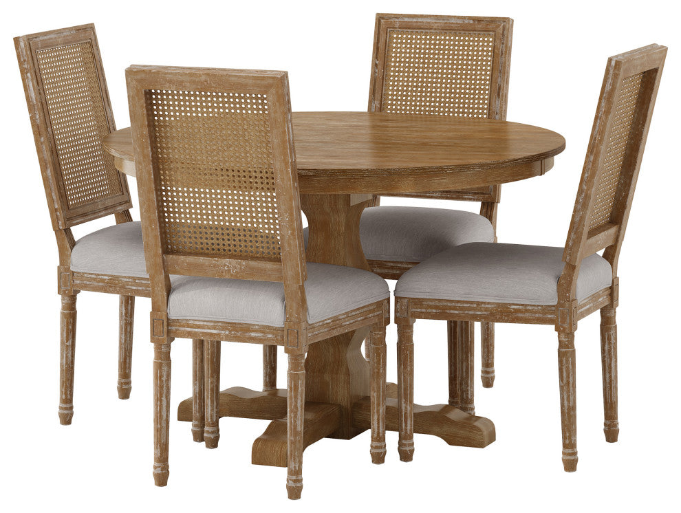 Merlene French Country Upholstered Wood and Cane 5-Piece Circular Dining Set, Natural/Light Gray