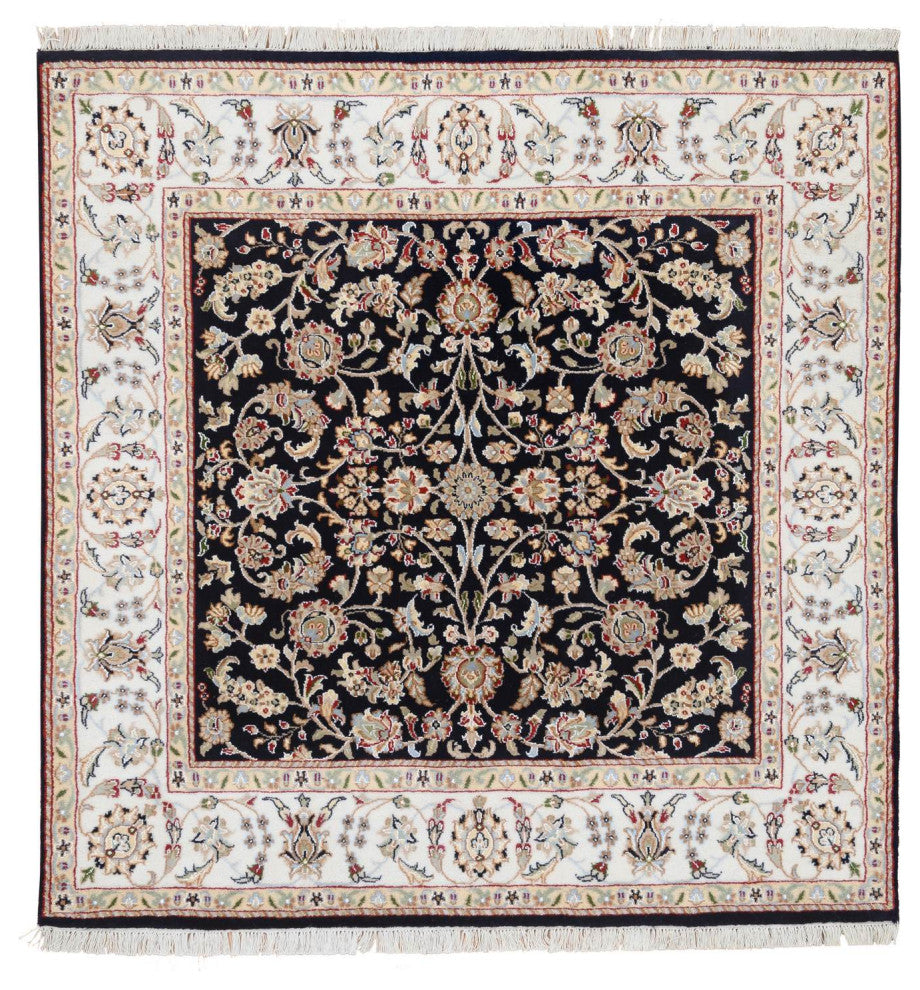 Midnight Blue Hand Knotted Nain 250 KPSI Wool and Silk Square Rug 5'0" x 5'0"
