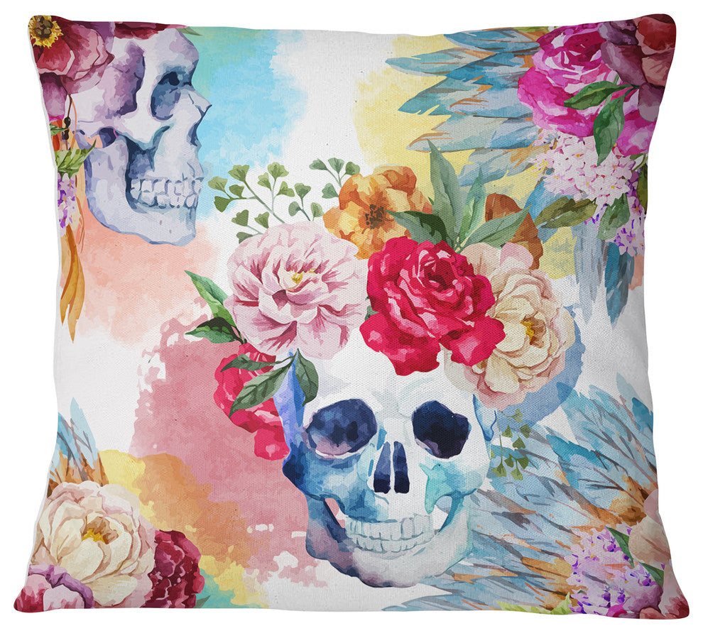 Ethnic Skull with Flowers Floral Throw Pillow, 18"x18"