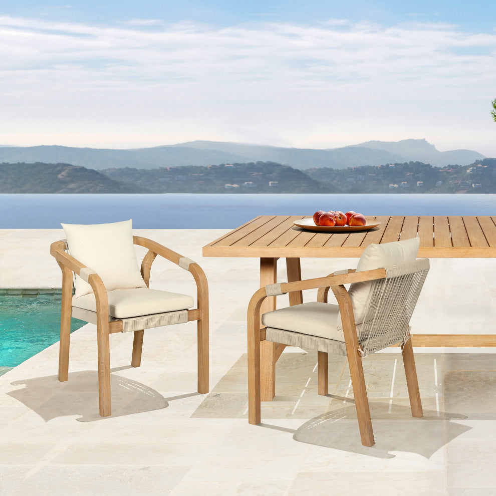 Cypress Outdoor Patio Dining Chair Wood Light Gray Rope Ivory Cushions Set of 2