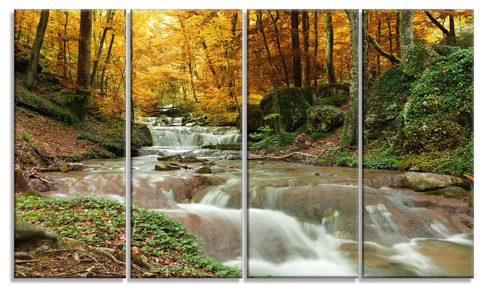 Forest Waterfall with Yellow Trees, Landscape Canvas Print, 48"x28", 4 Panels