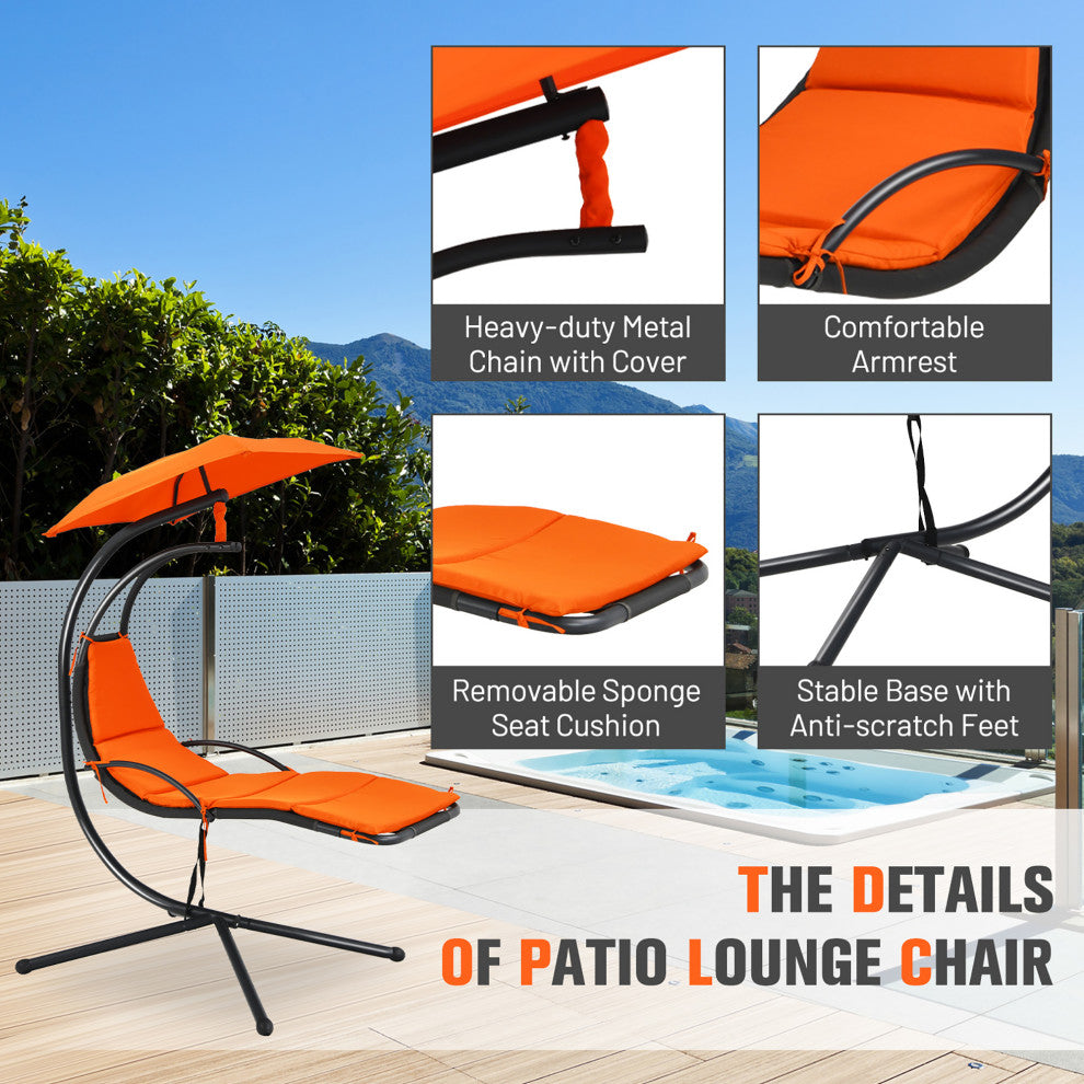 Costway Patio Hanging Hammock Chaise Lounge Chair with Canopy Cushion Orange