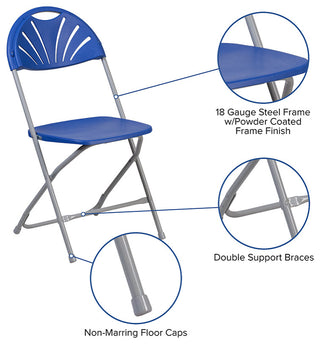 2 Pack HERCULES Series 650 lb. Capacity Plastic Fan Back Folding Chair, Blue