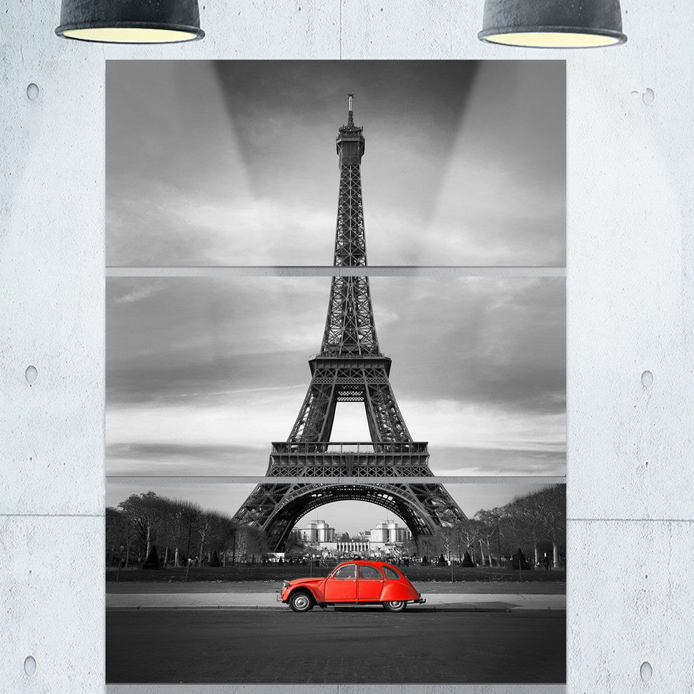 "Eiffel and Old Red Car" Metal Wall Art, 3 Panels, 28"x36"