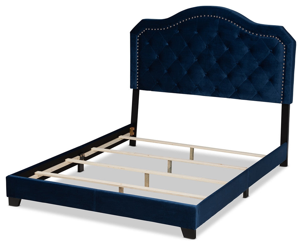 Modern Navy Blue Velvet Fabric Upholstered Full Size Button Tufted Bed