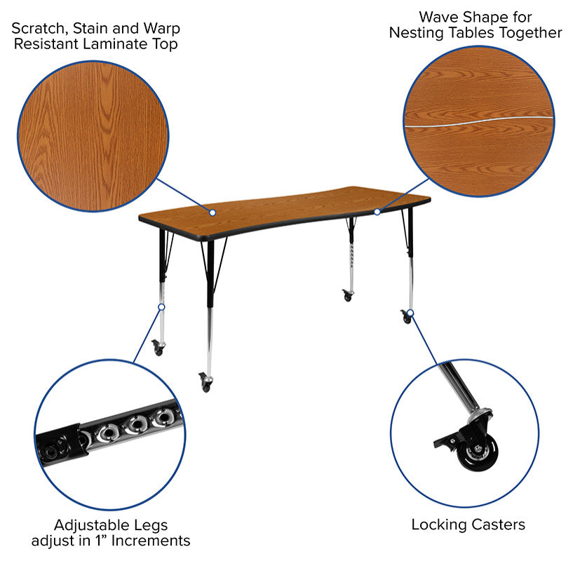 Mobile 26"x60" Wave Laminate Activity Table, Adjustable Short Legs, Oak