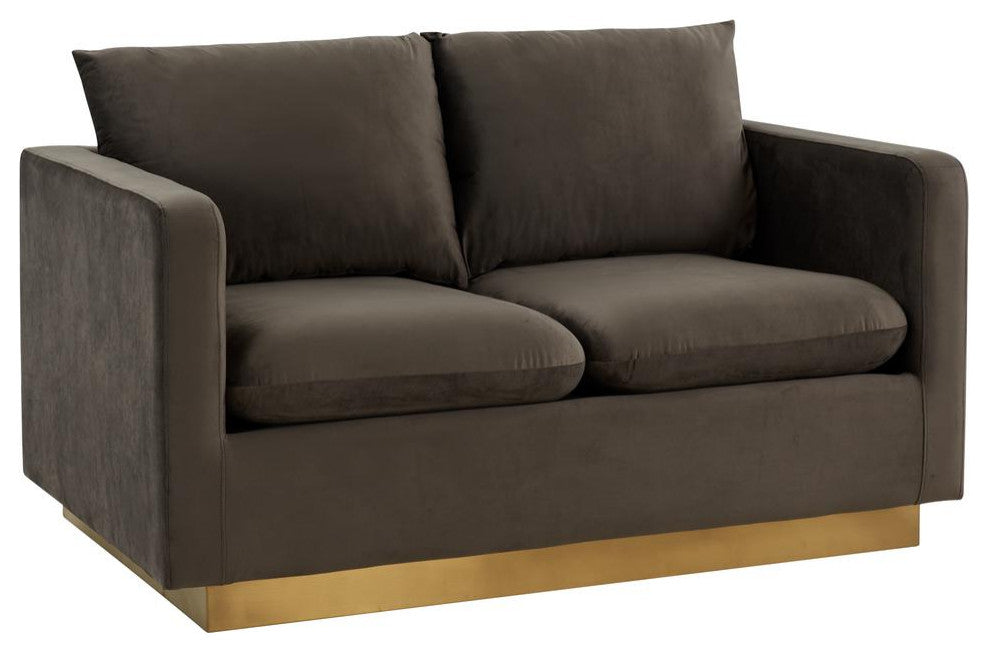 LeisureMod NS55DGR Nervo Dark Grey Mid-Century Velvet Loveseat Gold Frame