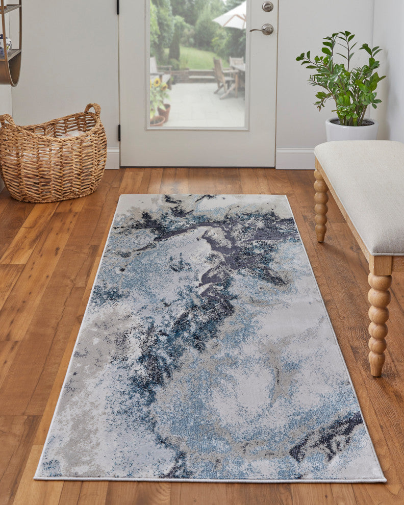 Oria Industrial Abstract Area Rug, Blue/Gray/Ivory, 2'10"x7'10"