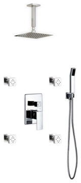 Brass Shower Set, 8" Ceiling Mount Square Rain Shower, Handheld, 4 Body Jets