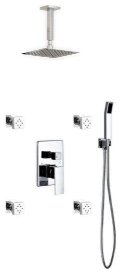 Brass Shower Set, 8" Ceiling Mount Square Rain Shower, Handheld, 4 Body Jets