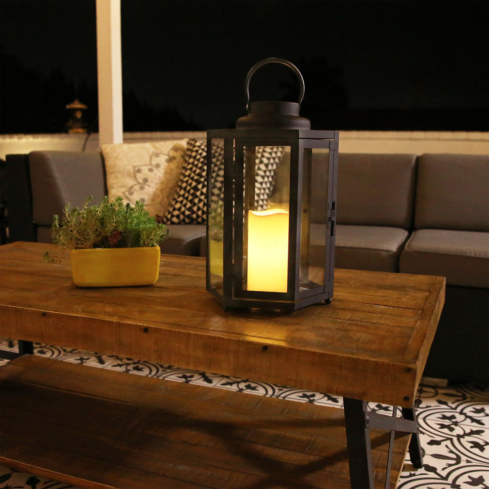 14" Tall Outdoor Hexagonal Battery-Operated Metal Lantern with LED Lights, Black