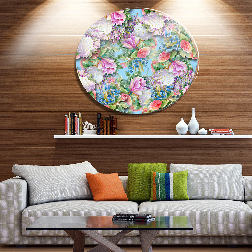 Pink Flower Pattern On Blue, Floral Wall Round Metal Wall Art, 23"