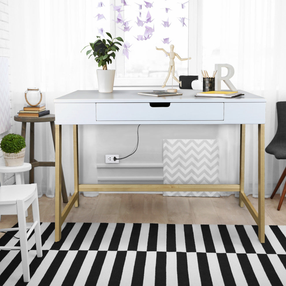 Neorustic Smart Desk With USB Ports, Solid American Maple Legs