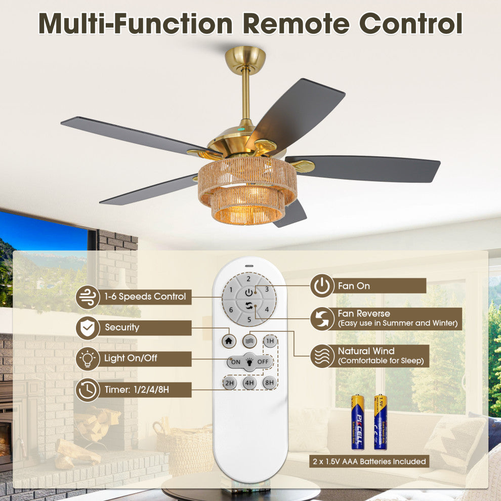 52 in Farmhouse Brushed Gold Ceiling fan with Hemp Rope Shade