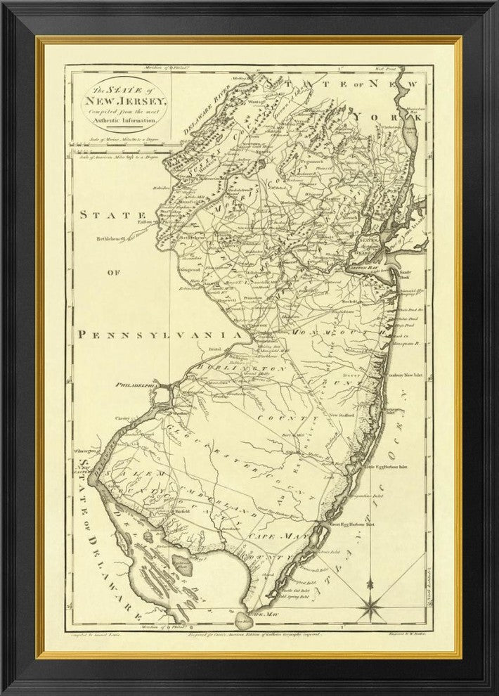 "State of New Jersey, 1795" Framed Canvas Giclee by Mathew Carey, 25x34"