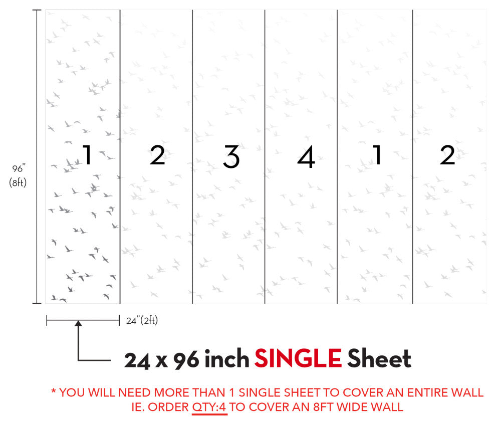 Soaring Birds Peel and Stick Vinyl Mural, Grey, 24"w X 96"h, Single
