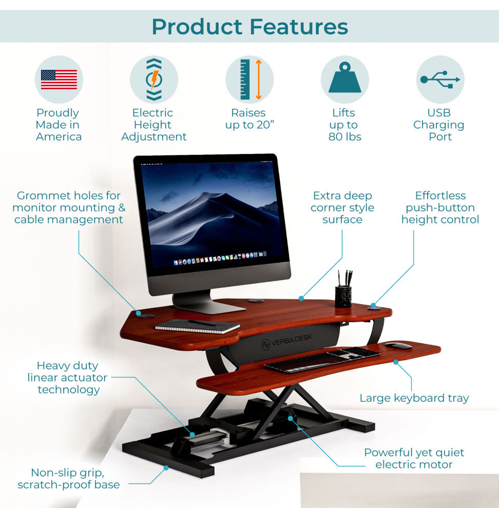 VersaDeskÂ® PowerProÂ® Corner Electric Standing Desk Converter with USB Charging, Cherry