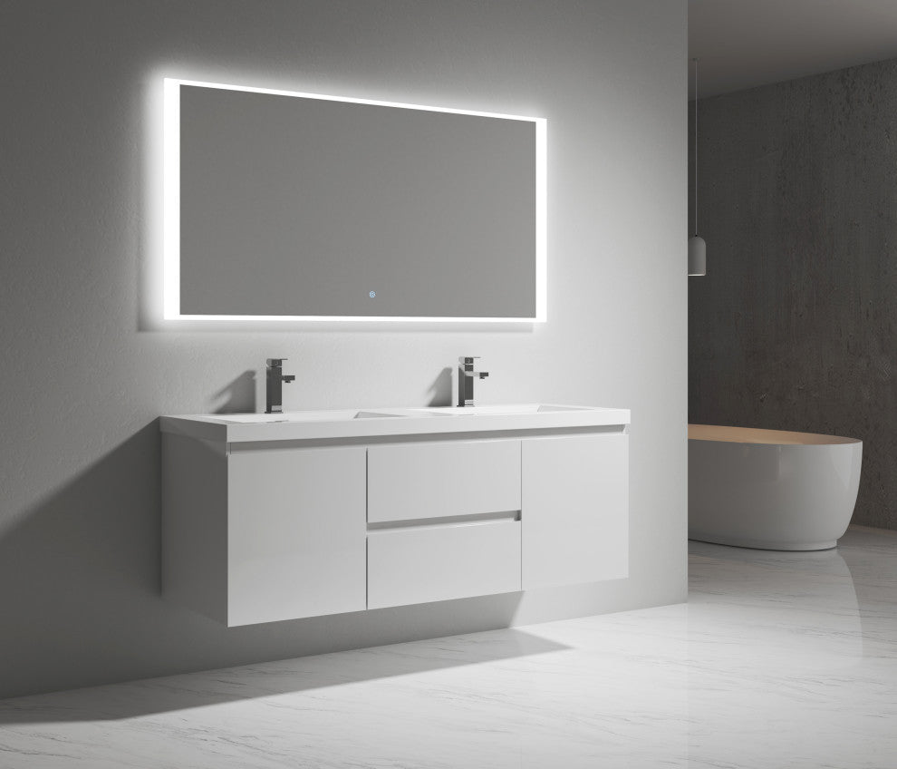 Alma-Pre Gloss White Double Sink Vanity With Integrated Sink, 60"