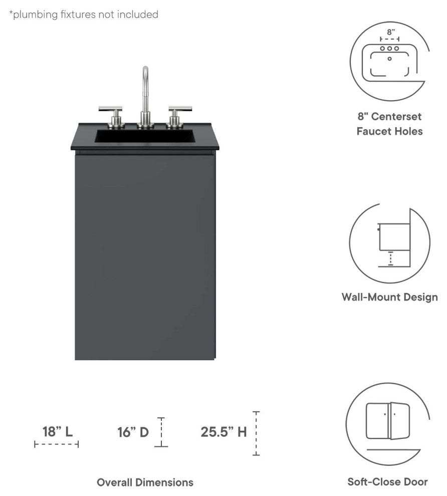 Bryn 18" Wall-Mount Bathroom Vanity, Gray Black