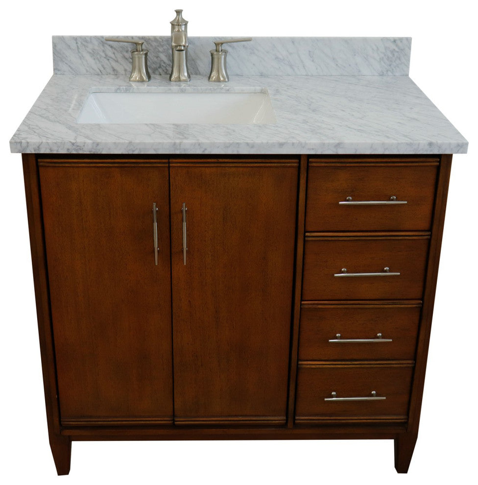 37" Single Vanity, Walnut Finish With White Carrara