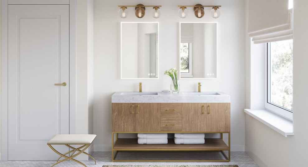 Bahia Bath Vanity, Oak, 60", Brushed Gold Hardware, Double, Freestanding