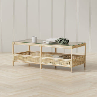 Rattan Cane Rectangular 2-Tier Shelf Coffee Table Glass Top