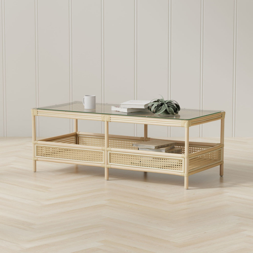 Rattan Cane Rectangular 2-Tier Shelf Coffee Table Glass Top
