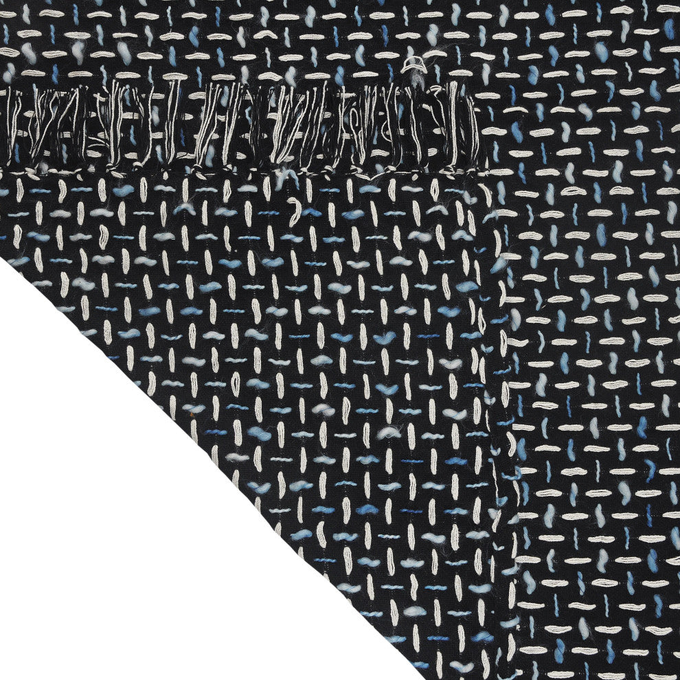 Modern Interwoven Throw Blanket with Fringe, Black/Blue/White