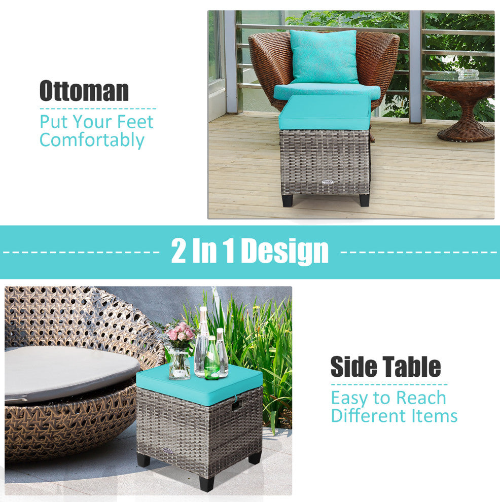 Costway 2PCS Patio Rattan Cushioned Ottoman Seat Foot Rest TableTurquoise