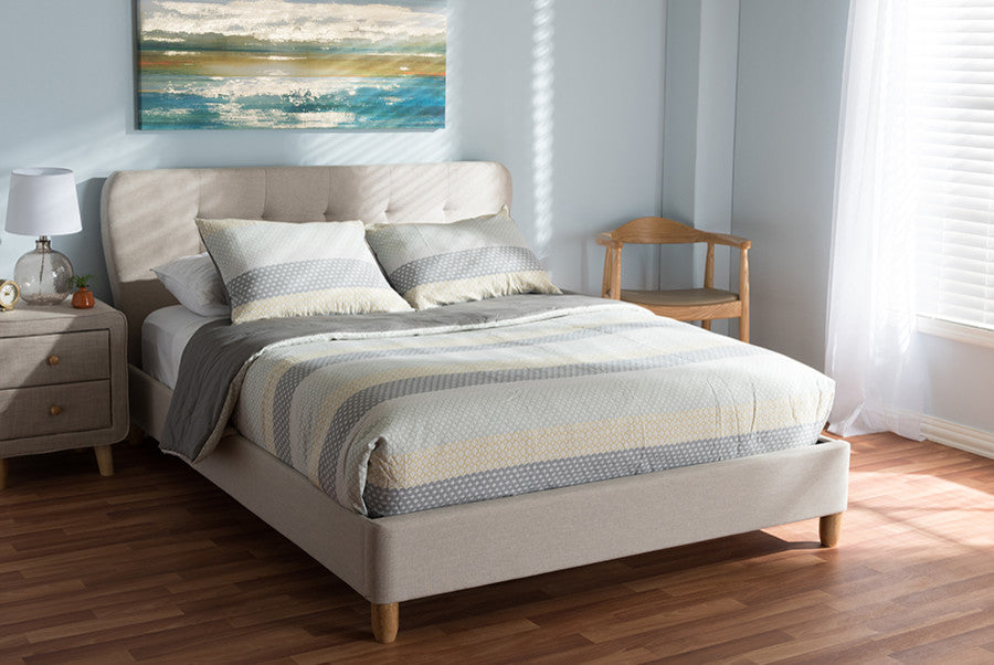 Laureo Mid-Century Light Beige Fabric Upholstered Full Size Platform Bed