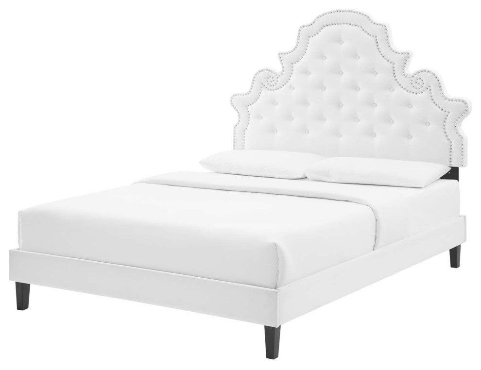 Tufted Platform Bed Frame, Twin Size, Velvet, White, Modern Contemporary