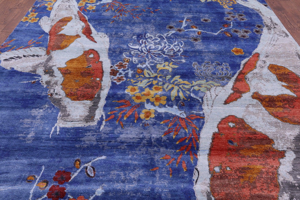 8' 10" X 11' 11" Silk Fish Design Handmade Rug Q11599