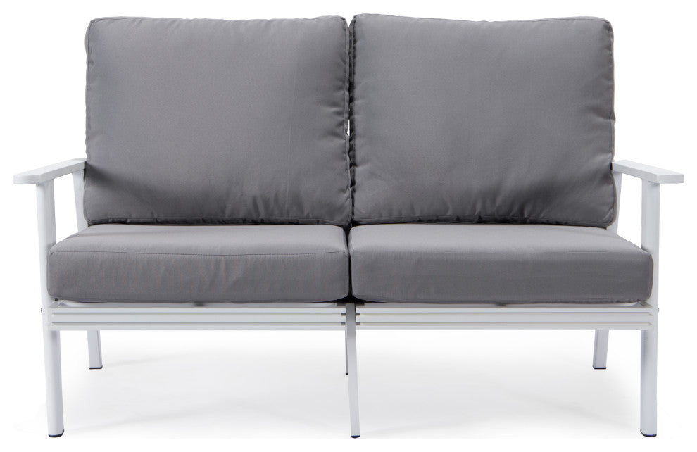 LeisureMod Walbrooke 3-Piece Patio Set With White Aluminum Frame and Cushions, Grey