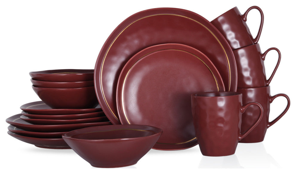 Stone Lain Clara Porcelain 16 Piece Dinnerware Set, Burgundy