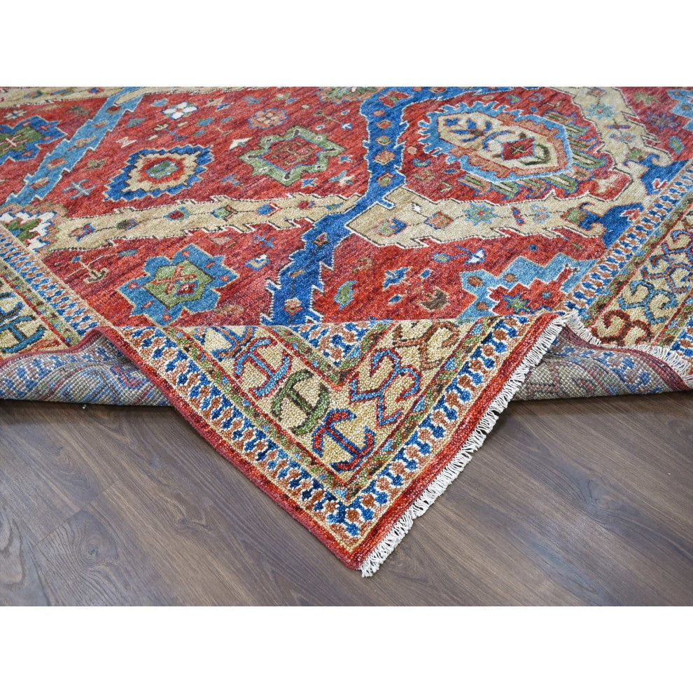 Red Heriz With All Over Design Soft Wool Hand Knotted Oversized Rug, 12'x14'10"