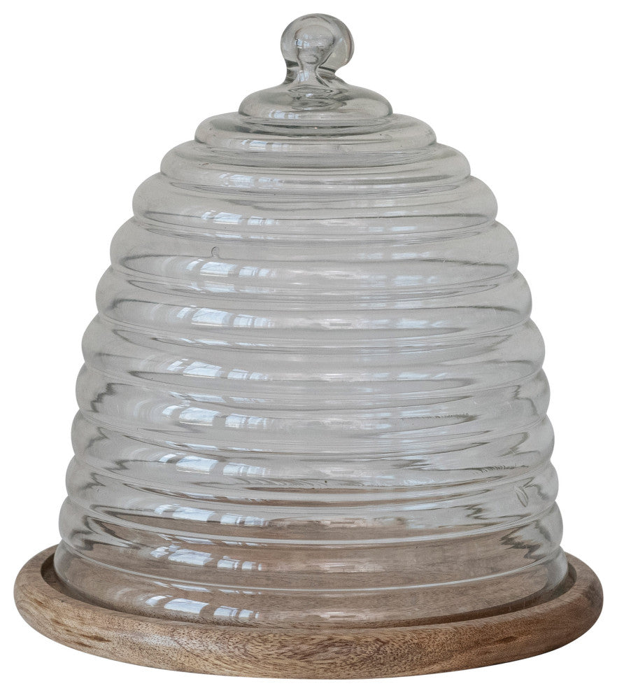 Reclaimed Etched Glass Beehive Shaped Cloche With Mango Wood Base