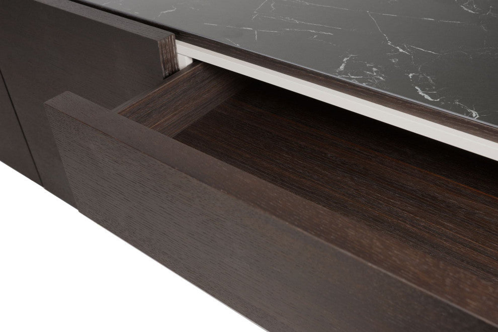 Inverness Media Cabinet in Smoked Oak and Black Marble Ceramic