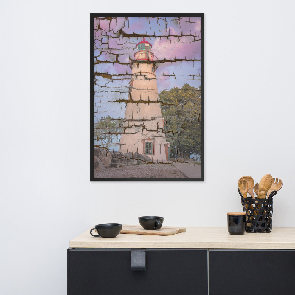 Faux Wood Texture Marblehead Lighthouse at Sunset Framed Photo Wall Art Print, Black, 24" X 36"
