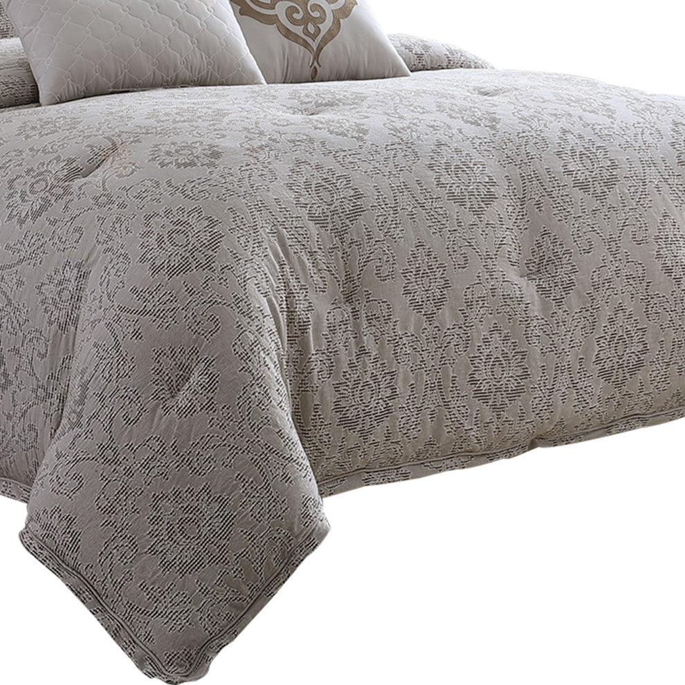 Benzara BM225180 9 Piece Queen Comforter Set with Textured Floral Print, Gray