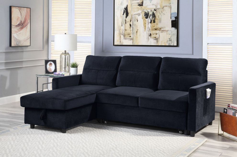 Ivy Black Velvet Reversible Sleeper Sectional Sofa, Storage Chaise, Side Pocket