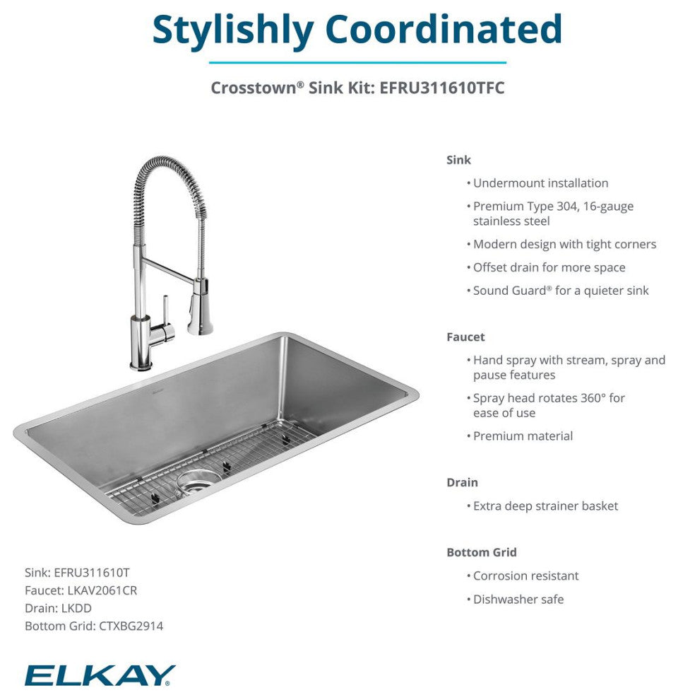 Elkay Crosstown 16 Gauge Stainless Steel Sink Kit with Faucet