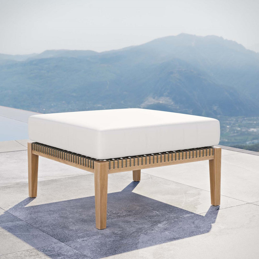 Ottoman Lounge Chair, White Natural, Teak Wood, Outdoor Patio Garden