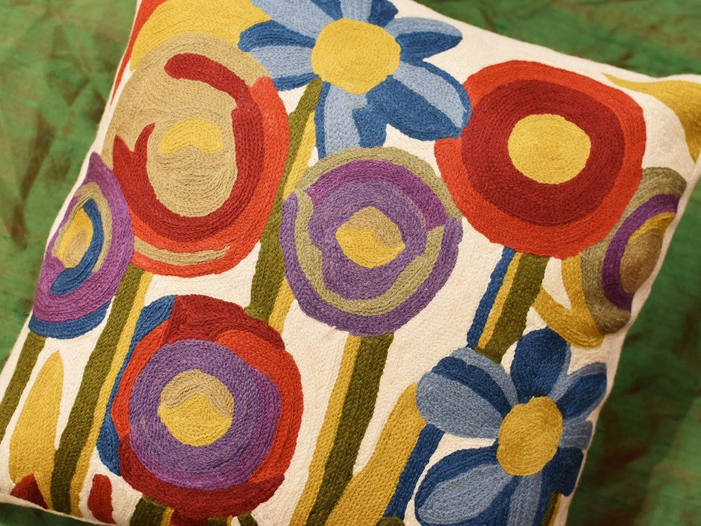 Floral Poppy Bloom Red Blue Decorative Pillow Cover Handembroidered Wool 18x18"